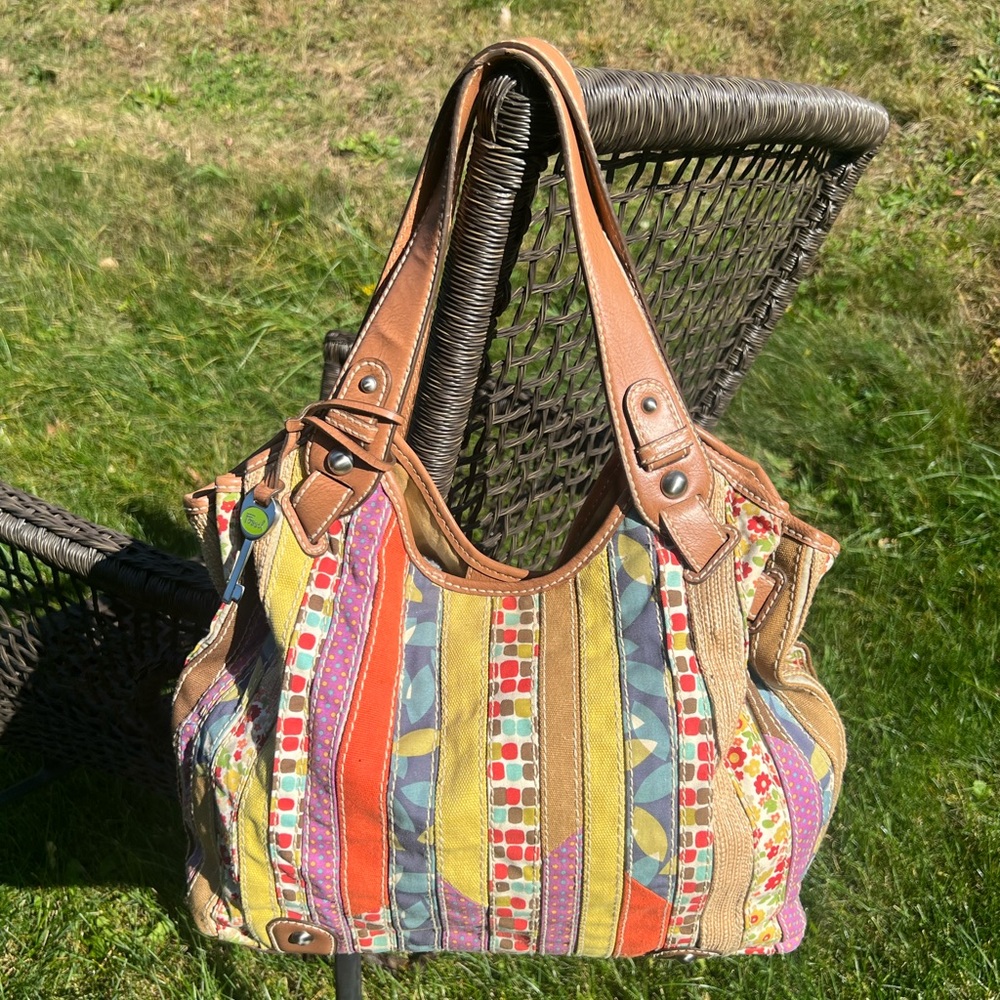 Miriam’s Fossil Patchwork Stripe Hobo Purse Bag T… - image 1